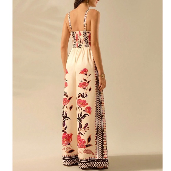 Boho Floral Print Smocked Wide leg Cami Jumpsuit - Picture 6 of 7